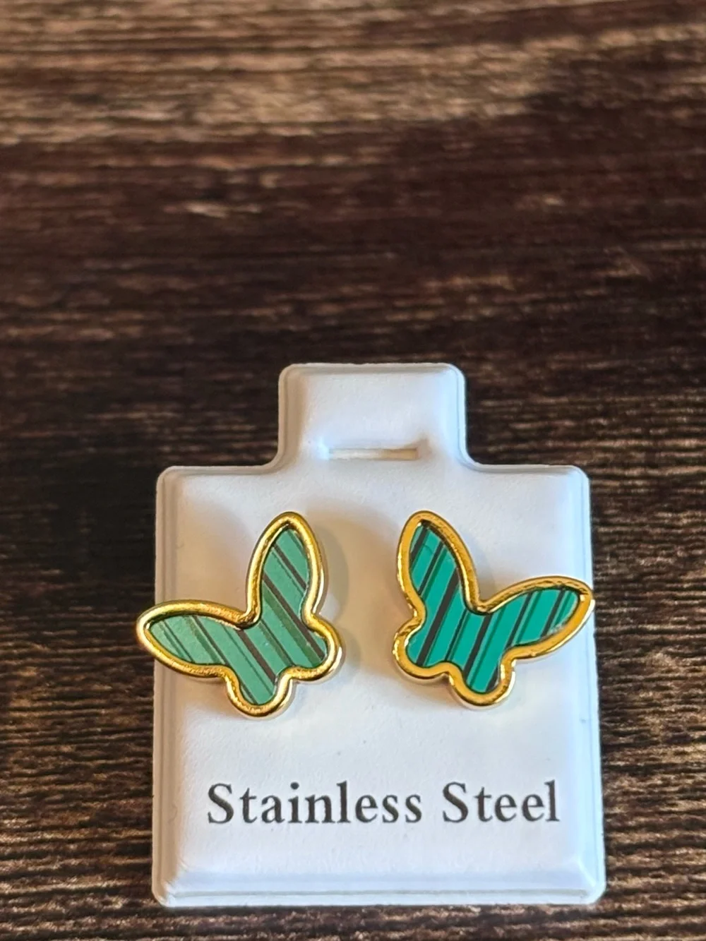 Stainless Steel Gold-Tone Trim Butterfly Stud Earrings in Green Stripes